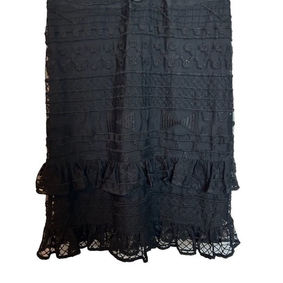 Parker Short Sleeve Lace & Lace Up Front Tiered Ruffled Black Lined Midi Dress - Picture 4 of 16